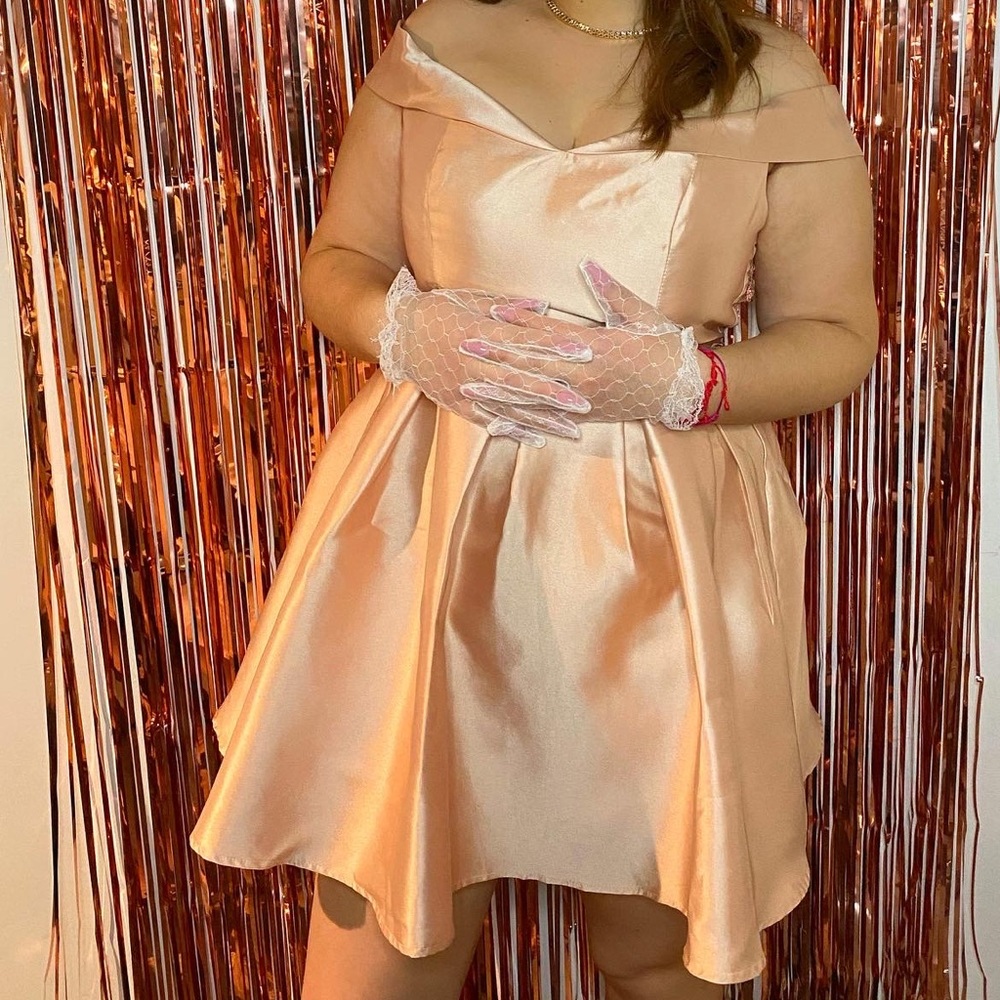 Blush off the shoulder dress